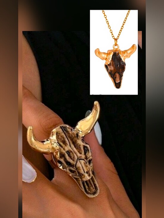 Jewelry - Bull Necklace Ring Gold Dipped Adjustable 18.5